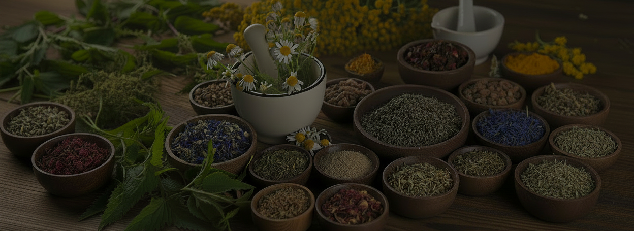 Herbal remedies with bowls of dried herbs and a mortar and pestle on a wooden surface.